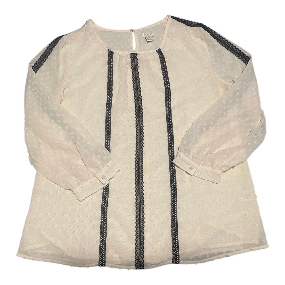 J. Crew Ivory Blouse Swiss Dot Black Lace Trim Romance Whimsigoth Sz 10 Sheer